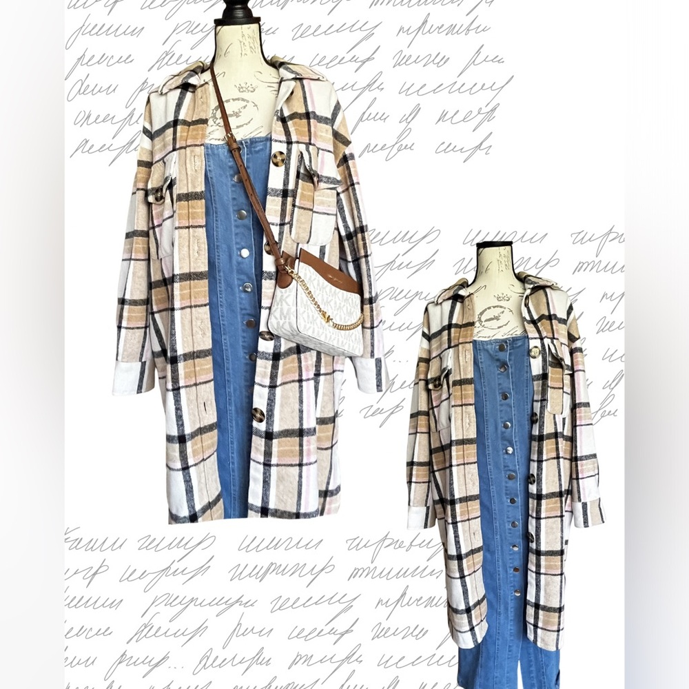 Ardene Plaid Long Pea Coat in Cream, Tan & Black